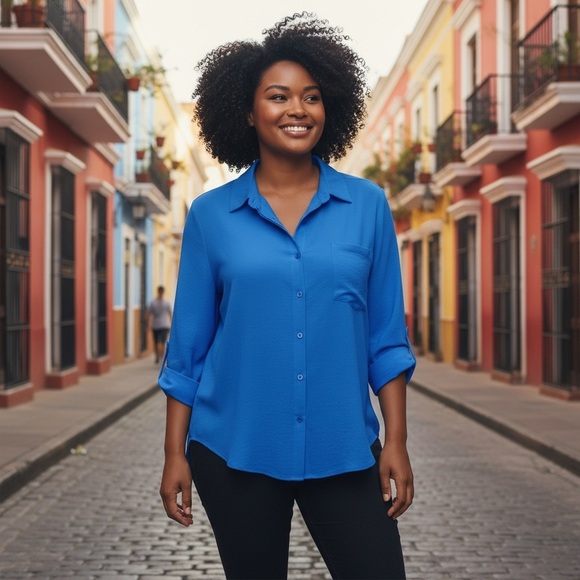 Tops - AISEW Royal Blue Classic Oversized Women’s 2X Long Sleeve Button-Up Crepe Shirt